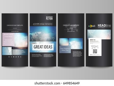 The black colored minimalistic vector illustration of editable layout of four vertical banners, flyers design business templates. Polygonal geometric linear texture. Global network, dig data concept.
