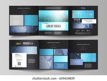 The black colored minimalistic vector illustration of the editable layout. Two creative covers design templates for square brochure. Abstract global design. Chemistry pattern, molecule structure.