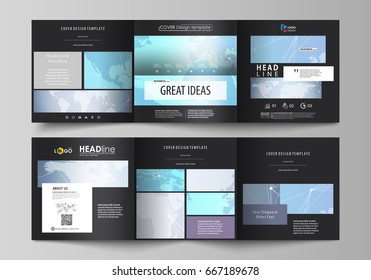 The black colored minimalistic vector illustration of the editable layout. Two creative covers design templates for square brochure. Polygonal texture. Global connections, futuristic geometric concept