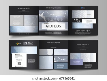 The black colored minimalistic vector illustration of the editable layout. Two creative covers design templates for square brochure. Abstract futuristic network shapes. High tech background.