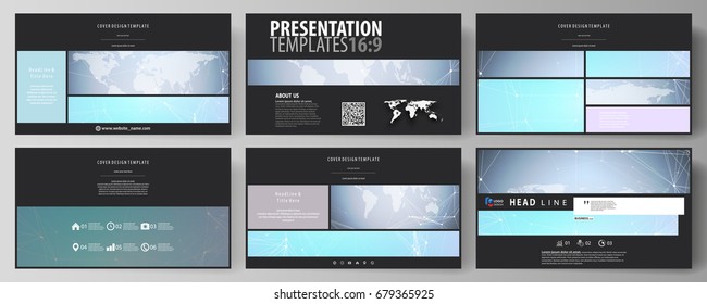 The black colored minimalistic vector illustration of the editable layout of high definition presentation slides design templates. Polygonal texture. Global connections, futuristic geometric concept.