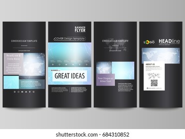 The black colored minimalistic vector illustration of editable layout of four vertical banners, flyers design business templates. Polygonal texture. Global connections, futuristic geometric concept.