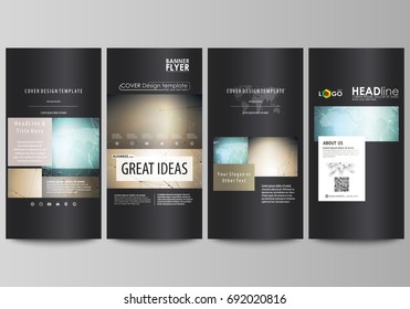 The black colored minimalistic vector illustration of the editable layout of four vertical banners, flyers design business templates. Chemistry pattern with molecule structure. Medical DNA research.