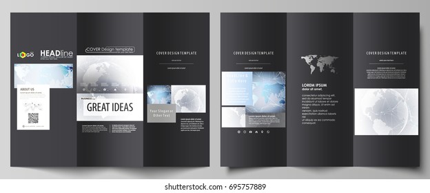 The black colored minimalistic vector illustration of the editable layout of two creative tri-fold brochure covers design templates. Technology concept. Molecule structure, connecting background.