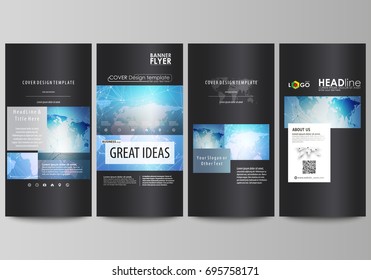 The black colored minimalistic vector illustration of the editable layout of four vertical banners, flyers design business templates. World map on blue, geometric technology design, polygonal texture.