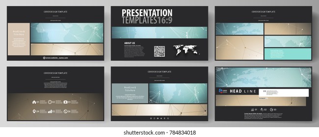 The black colored minimalistic vector illustration of the editable layout of high definition presentation slides design templates. Chemistry pattern with molecule structure. Medical DNA research.