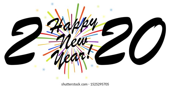 black colored New Year 2020 greetings concept with white background and multi colored fireworks
