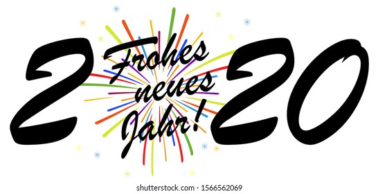 black colored New Year 2020 greetings concept (german text) with white background and multi colored fireworks
