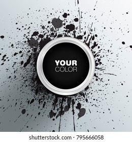 Black colored paint bucket vector illustration with splashes and spots on the ground and editable text box on the top of the cover eps 10