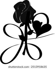 Black colored Sanskrit Symbol for Unconditional Love flowing into a rose and heart