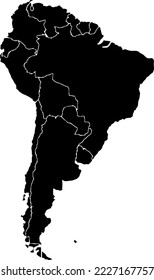 Black colored South America outline map. Political south american map. Vector illustration map.