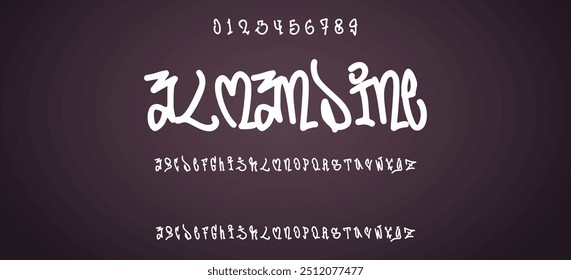 Schwarze Spray-Schriftart mit Großbuchstaben in Kleinbuchstaben und Zahlen auf transparentem Ping-Hintergrund, Graffiti-Stil abc, kreative Großbuchstaben-Typografie für Poster, Banner, Flyer etc.