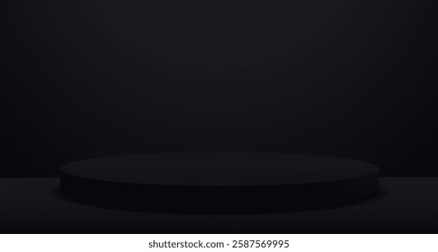 Black colored studio with product podium. Vector design template. Empty room with soft gradient light. Minimal style