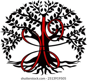 Black colored Tree of Life symbol with a red Sanskrit Unconditional love symbol over