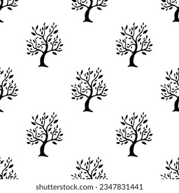 Black colored Tree silhouette isolated on white background is in Seamless pattern - vector illustration
