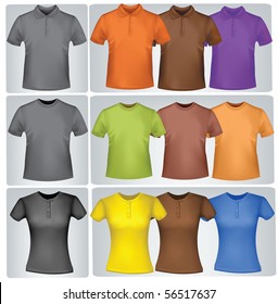 Black and colored t-shirts (men and women). Photo-realistic vector illustration.
