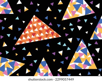 Black colored vector background with triangle colorful pop fun colored isolated on horizontal landscape template. Trendy and artsy simple flat art styled wallpaper backdrop for prints or poster.