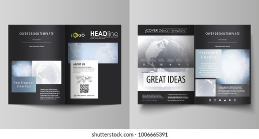 The black colored vector illustration of the editable layout of two A4 format modern covers design templates for brochure, flyer, booklet. Abstract futuristic network shapes. High tech background.