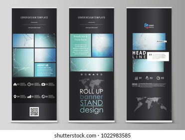The black colored vector illustration of the editable layout of roll up banner stands, vertical flyers, flags design business templates. Chemistry pattern, connecting lines and dots. Medical concept.