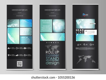 The black colored vector illustration of editable layout of roll up banner stands, vertical flyers, flags design business templates. Chemistry pattern, molecule structure, geometric design background.