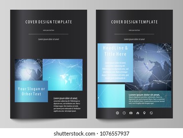 The black colored vector illustration of the editable layout of A4 format covers design templates for brochure, magazine, flyer, booklet. Abstract global design. Chemistry pattern, molecule structure.