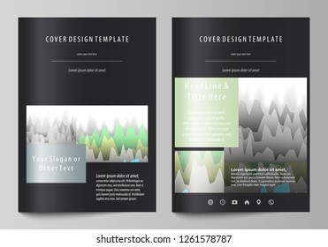 The black colored vector illustration of the editable layout of A4 format covers design templates for brochure, magazine, flyer, booklet. Rows of colored diagram with peaks of different height.