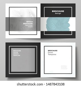 The black colored vector illustration of editable layout of two covers templates for square design bifold brochure, magazine, flyer, booklet. Topographic contour map, abstract monochrome background.