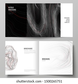 The black colored vector illustration of editable layout of two covers templates for square design bifold brochure, magazine, flyer, booklet. 3D grid surface, wavy vector background with ripple effect