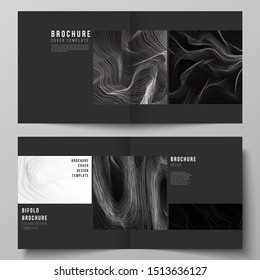 The black colored vector illustration of editable layout of two covers templates for square design bifold brochure, magazine, flyer, booklet. 3D grid surface, wavy vector background with ripple effect