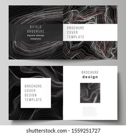 The black colored vector illustration of editable layout of two covers templates for square design bifold brochure, magazine, flyer, booklet. 3D grid surface, wavy vector background with ripple effect