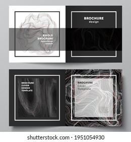 Ilustración vectorial de color negro de la disposición editable de dos portadas plantillas para el folleto biplida de diseño cuadrado, revista, volante, folleto. Superficie de rejilla 3D, fondo vectorial ondulado con efecto de onda