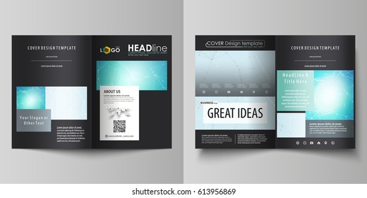 The black colored vector illustration of the editable layout of two A4 format modern covers design templates for brochure, flyer, booklet. Futuristic high tech background, dig data technology concept