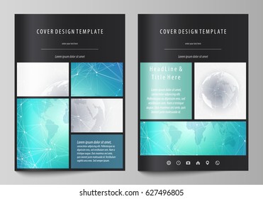 The black colored vector illustration of editable layout of A4 format covers design templates for brochure, magazine, flyer, booklet. Chemistry pattern. Molecule structure. Medical, science background