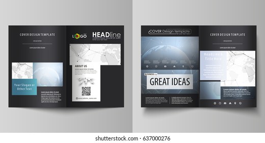 The black colored vector illustration of editable layout of two A4 format modern covers design templates for brochure, flyer, booklet. World globe on blue. Global network connections, lines and dots.