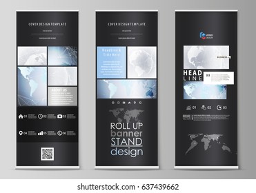 The black colored vector illustration of the editable layout of roll up banner stands, vertical flyers, flags design business templates. Technology concept. Molecule structure, connecting background.