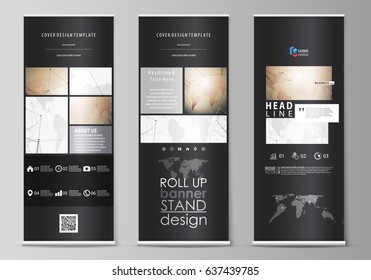 The black colored vector illustration of editable layout of roll up banner stands, vertical flyers, flags design business templates. Global network connections, technology background with world map.