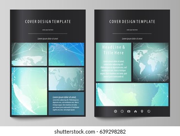 The black colored vector illustration of editable layout of A4 format covers design templates for brochure, magazine, flyer, booklet. Chemistry pattern, molecule structure, geometric design background