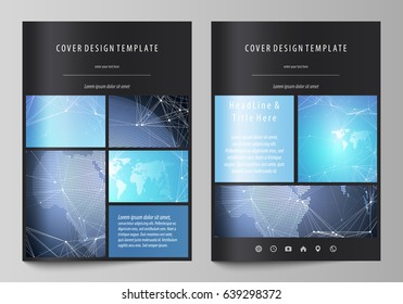The black colored vector illustration of the editable layout of A4 format covers design templates for brochure, magazine, flyer, booklet. Abstract global design. Chemistry pattern, molecule structure.