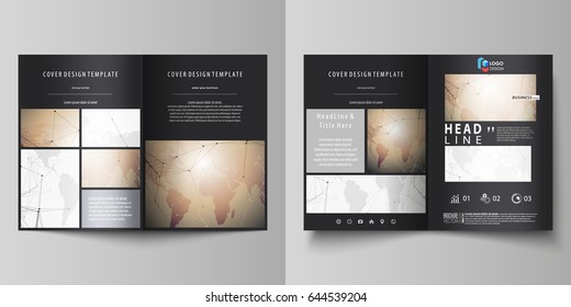 The black colored vector illustration of editable layout of two A4 format modern covers design templates for brochure, flyer, booklet. Global network connections, technology background with world map.