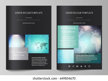 The black colored vector illustration of editable layout of A4 format covers design templates for brochure, magazine, flyer, booklet. Molecule structure, connecting lines and dots. Technology concept.