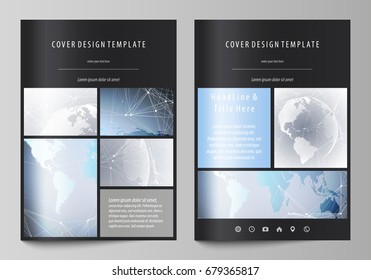 The black colored vector illustration of the editable layout of A4 format covers design templates for brochure, magazine, flyer, booklet. Technology concept. Molecule structure, connecting background.