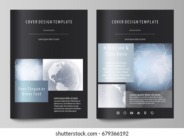 The black colored vector illustration of the editable layout of A4 format covers design templates for brochure, magazine, flyer, booklet. Abstract futuristic network shapes. High tech background.