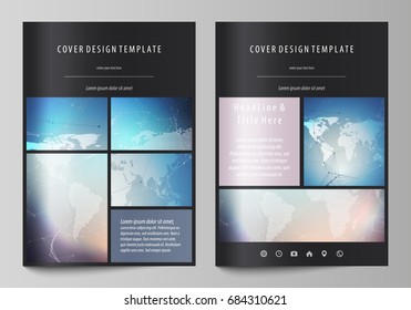 Black colored vector illustration of editable layout of A4 format covers design templates for brochure, magazine, flyer, booklet. Polygonal geometric linear texture. Global network, dig data concept.