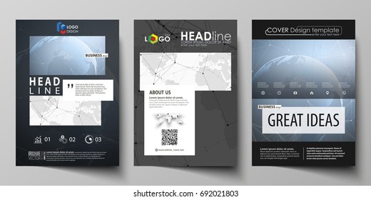 The black colored vector illustration of the editable layout of A4 format covers design templates for brochure, flyer, booklet. World globe on blue. Global network connections, lines and dots.