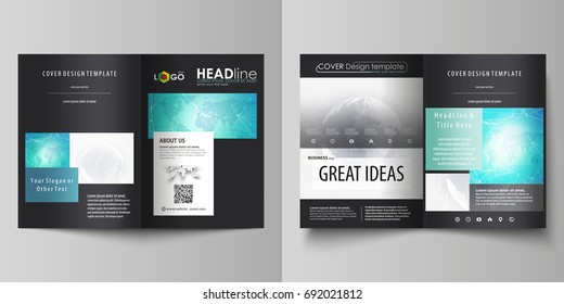 The black colored vector illustration of editable layout of two A4 format covers design templates for brochure, flyer, booklet. Chemistry pattern. Molecule structure. Medical, science background.