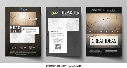 The black colored vector illustration of editable layout of A4 format covers design templates for brochure, magazine, flyer, booklet. Global network connections, technology background with world map.