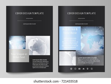 The black colored vector illustration of the editable layout of A4 format covers design templates for brochure, magazine, flyer, booklet. Technology concept. Molecule structure, connecting background