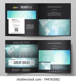 The black colored vector illustration of the editable layout of two covers templates for square design brochure, flyer, booklet. Chemistry pattern, molecule structure, geometric design background.