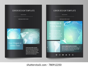 The black colored vector illustration of editable layout of A4 format covers design templates for brochure, magazine, flyer, booklet. Chemistry pattern, molecule structure, geometric design background