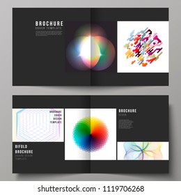 The black colored vector illustration of layout of two covers templates for square design bifold brochure, flyer, booklet. Abstract colorful geometric backgrounds in minimalistic design to choose from